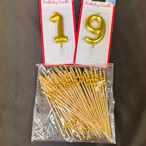 Number 19 Gold Birthday Candle set and gold ball Cocktail Picks Kit